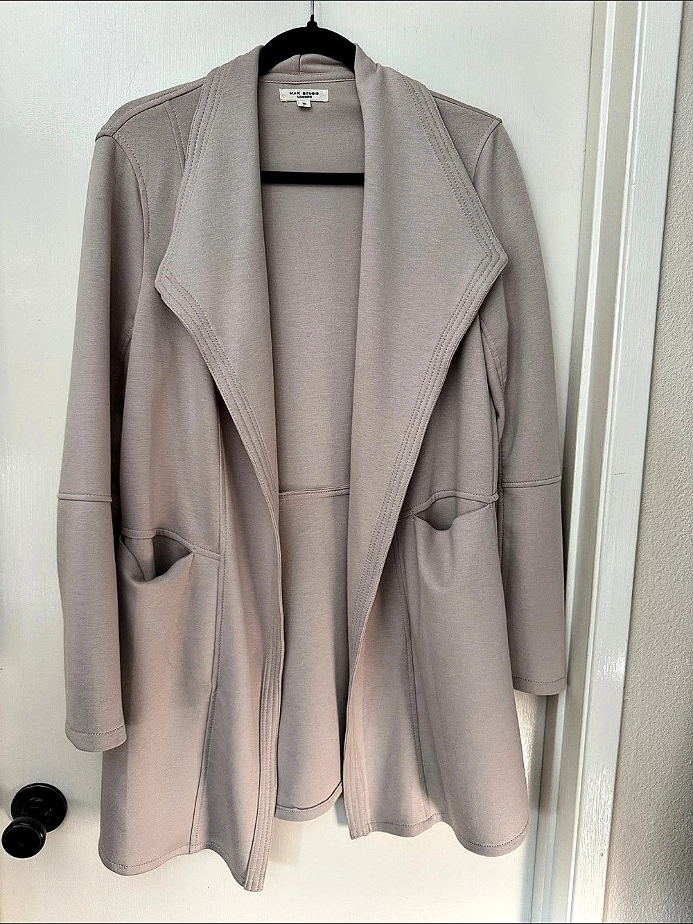 Max Studio London Draped Open Front Jacket in beige Size Medium